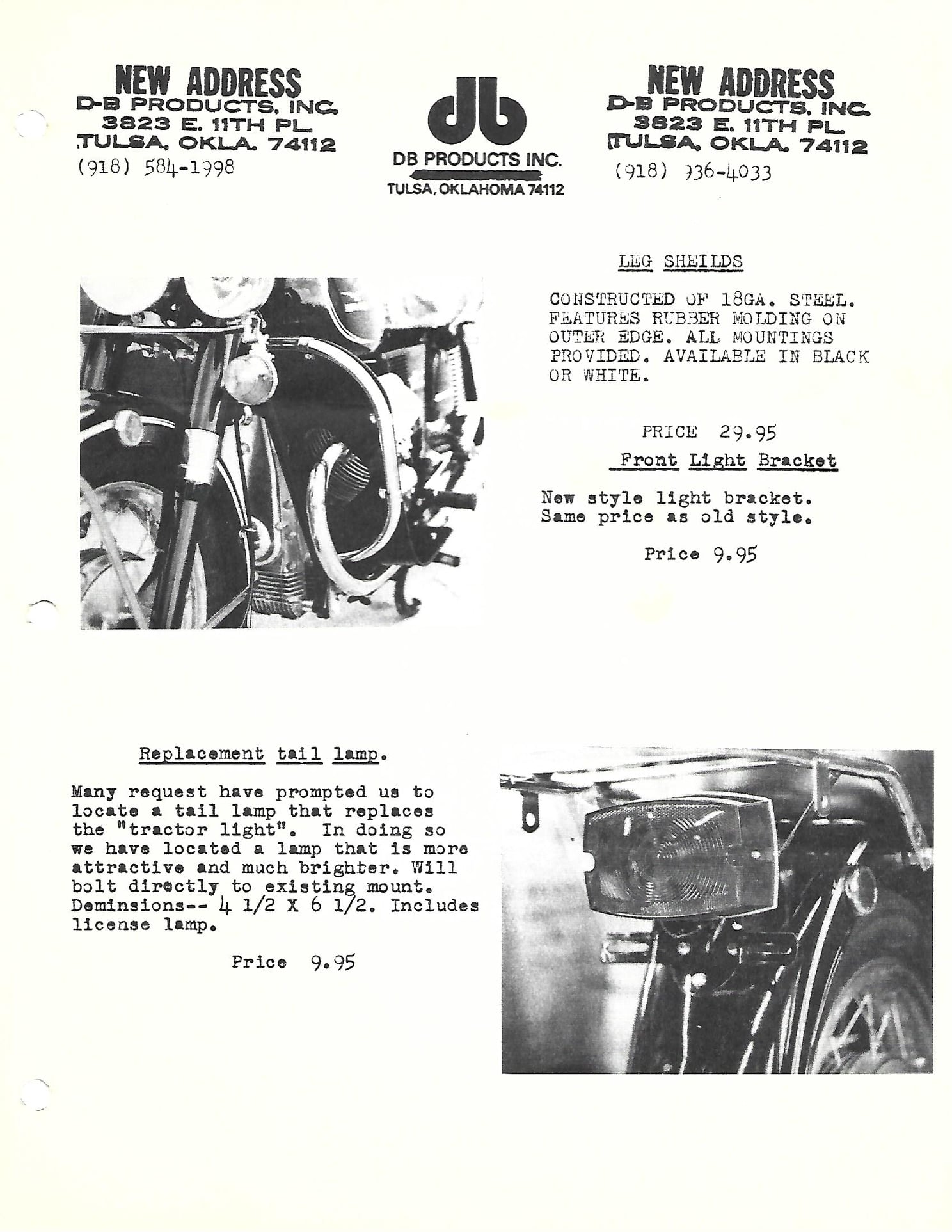 DB Products advertisement: Leg shields, front light bracket, replacement tail lamp. Applicable to Moto Guzzi V700, V7 Special, Ambassador, 850 GT, 850 GT California, Eldorado, and 850 California Police models.