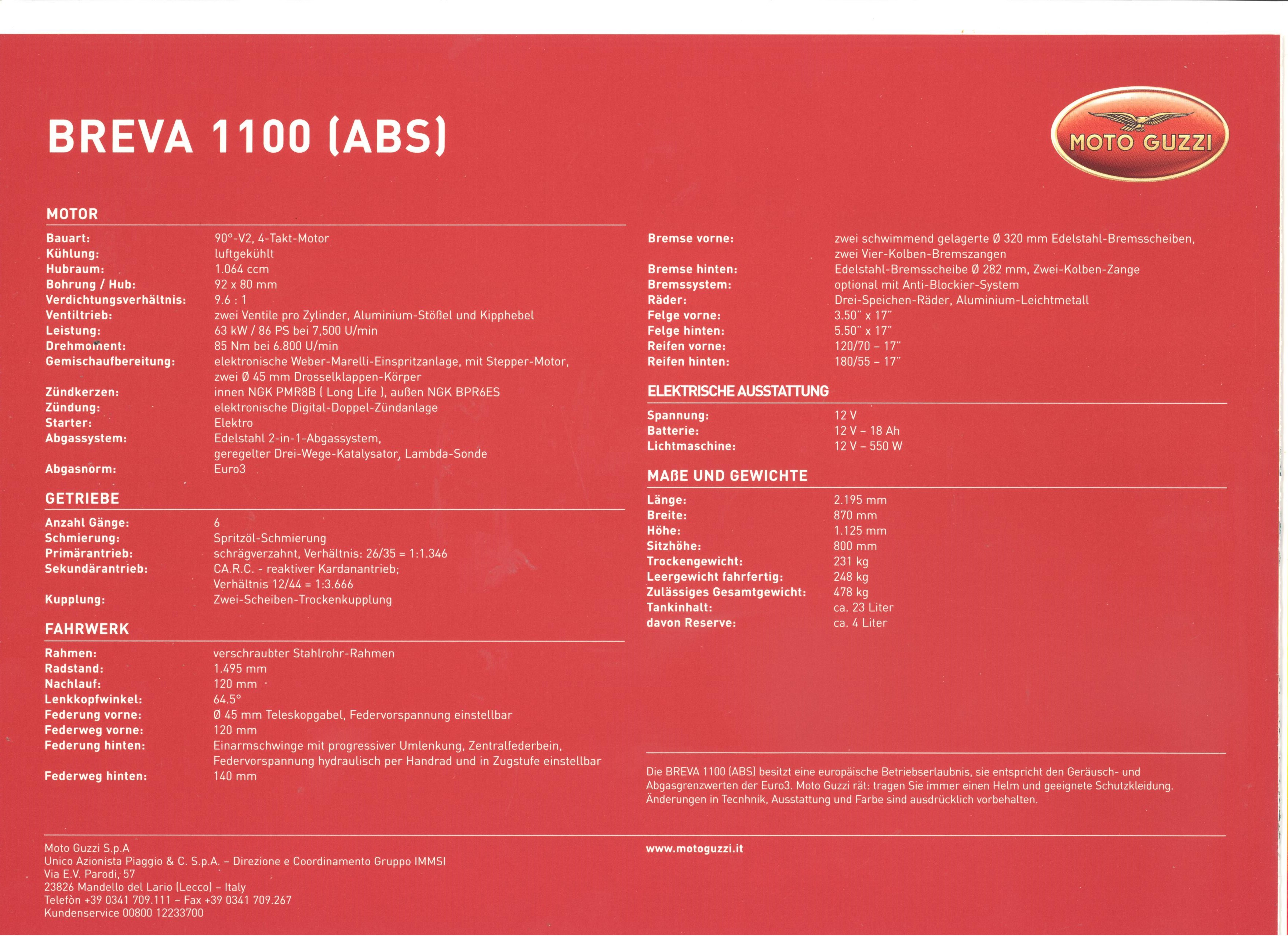 Moto Guzzi factory brochure: Breva 1100 ABS