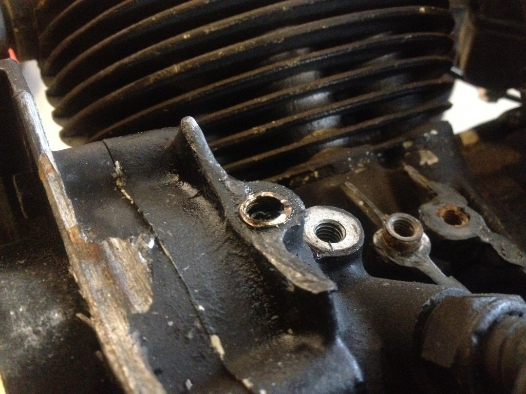 Crankcase damage due to a loose generator bracket, as found on Moto Guzzi V700, V7 Special, Ambassador, 850 GT, 850 GT California, Eldorado, and 850 California Police motorcycles.