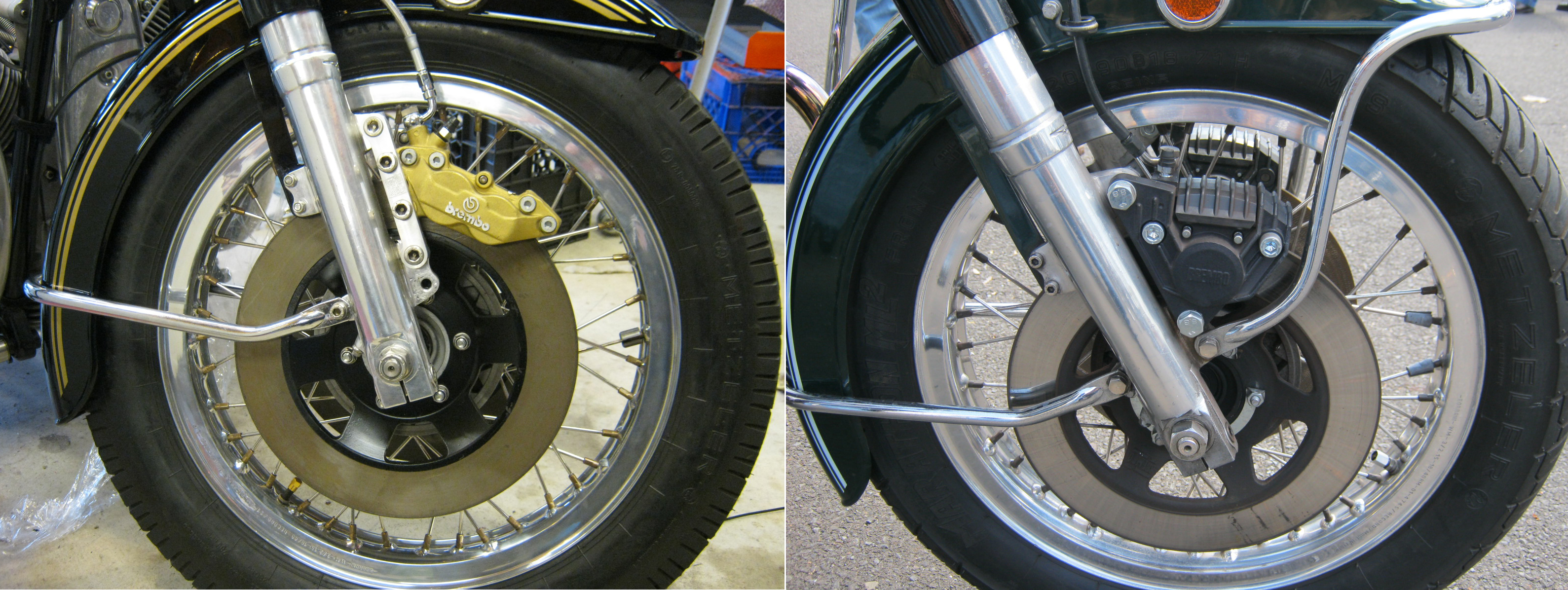 Disc brake configuration using 4 piston calipers. Applicable to Moto Guzzi V700, V7 Special, Ambassador, 850 GT, 850 GT California, Eldorado, and 850 California Police models.