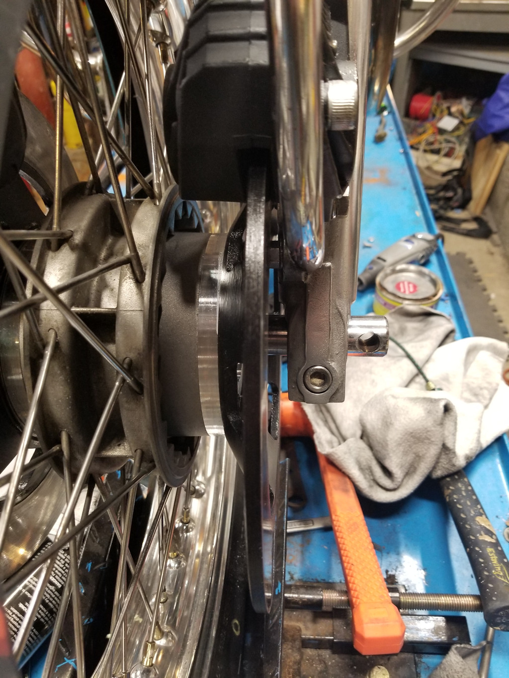 Disc brake spacer to add dual disc front brakes to Moto Guzzi V700, V7 Special, Ambassador, 850 GT, 850 GT California, Eldorado, and 850 California Police models.