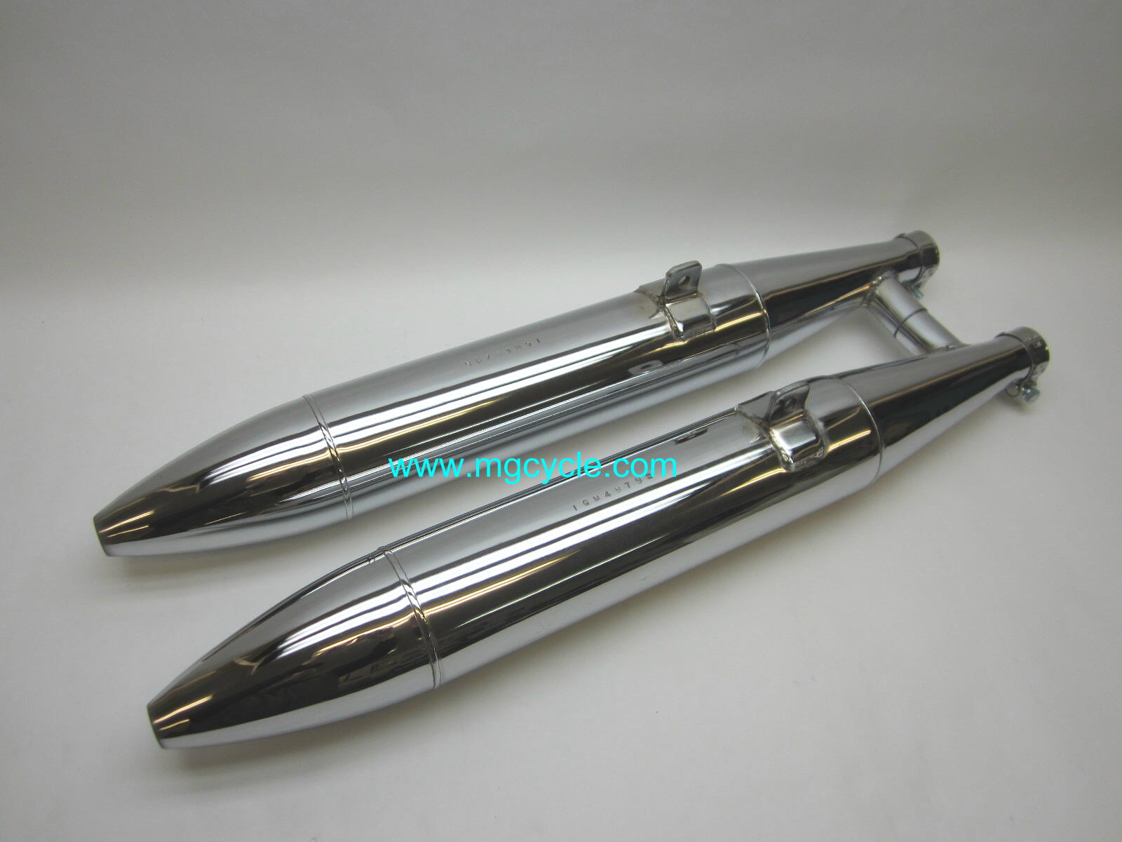 Original torpedo / cigar mufflers available from MG Cycle