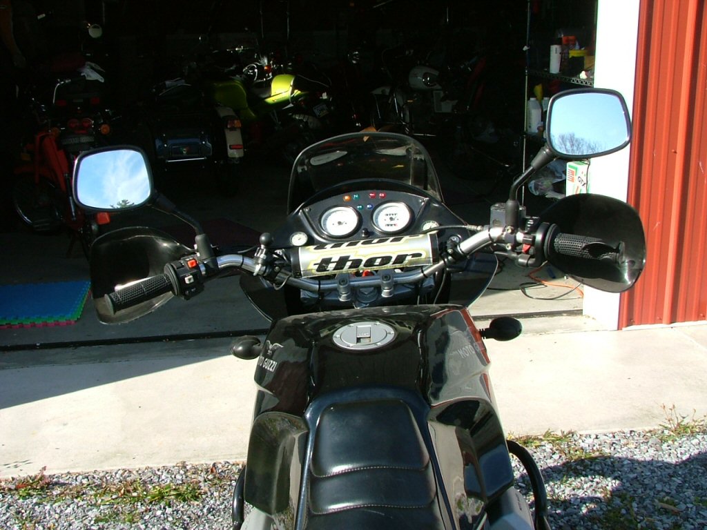 Wide angle from rear. Mounting Triumph Tiger hand guards on a Moto Guzzi Quota 1100 ES.