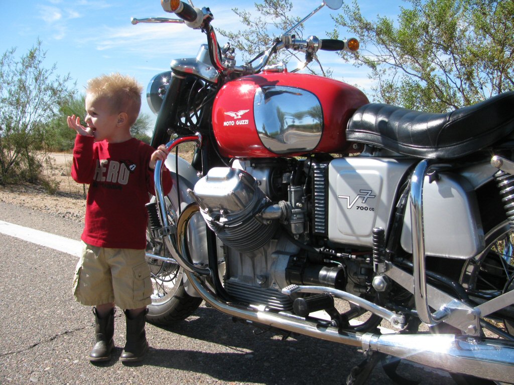 Robert Scharf's Moto Guzzi V700 with Abraham Zane Bender.