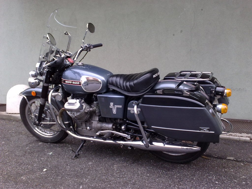 Stucchi saddlebags modeled after the original Moto Guzzi saddlebags (larger).