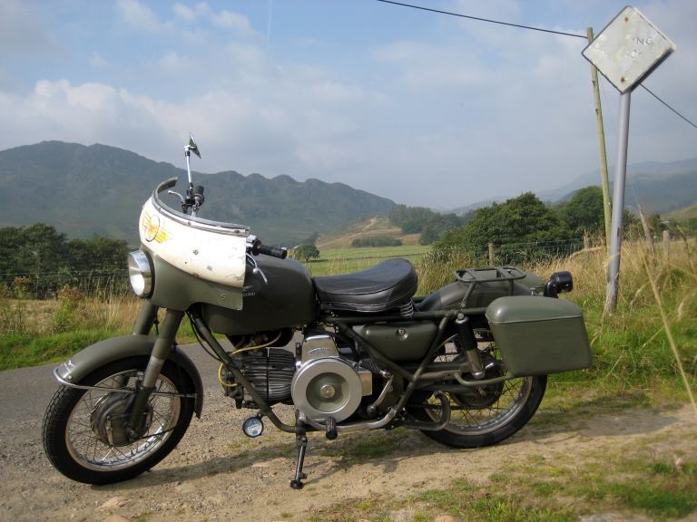 Jake Beatson's Moto Guzzi Nuovo Falcone with metal saddlebags.