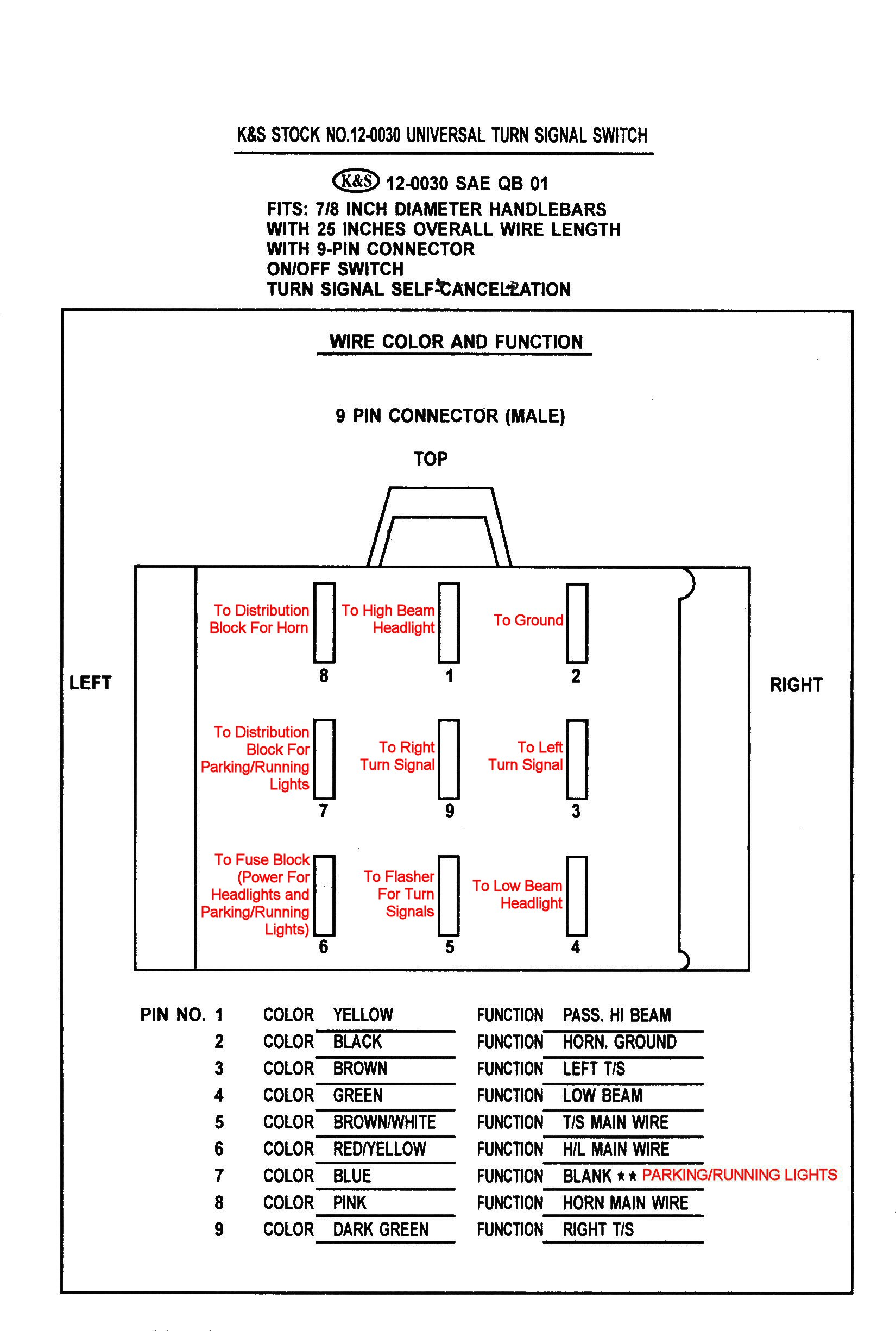 K&S 12-0030 universal handlebar switch: back of card packaged with the switch.