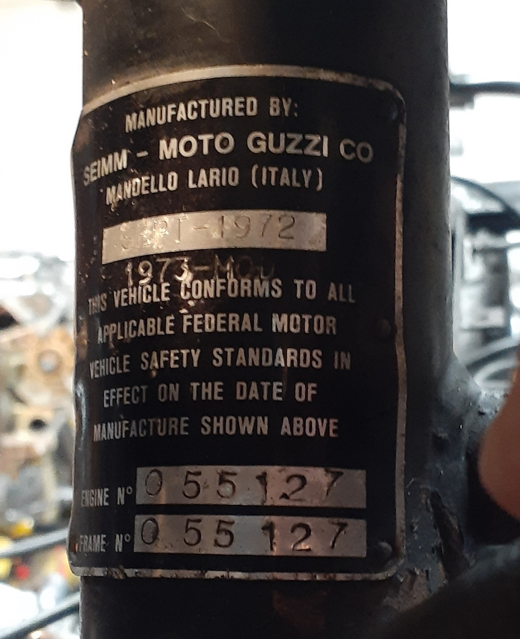 VIN on the frame of an 1973 Eldorado Police. The thing I found interesting was the manufacture date of 1972 September, and then stamped underneath is 1973 MOD. It's titled as a 1973. Just another one of those bins to add to the mystery of Guzzi VIN plates.