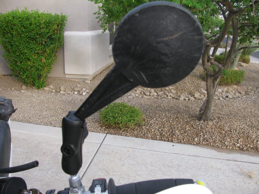 Ram mount mirror fit to a 1993 Suzuki DR350 motorcycle.